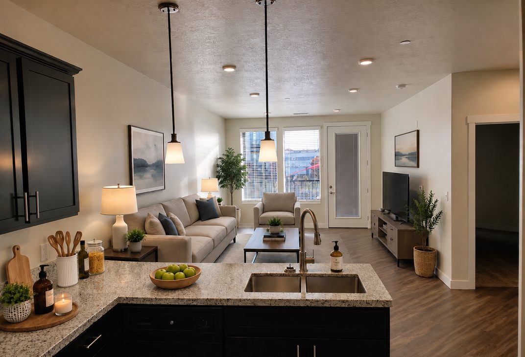 Staged living room and kitchen