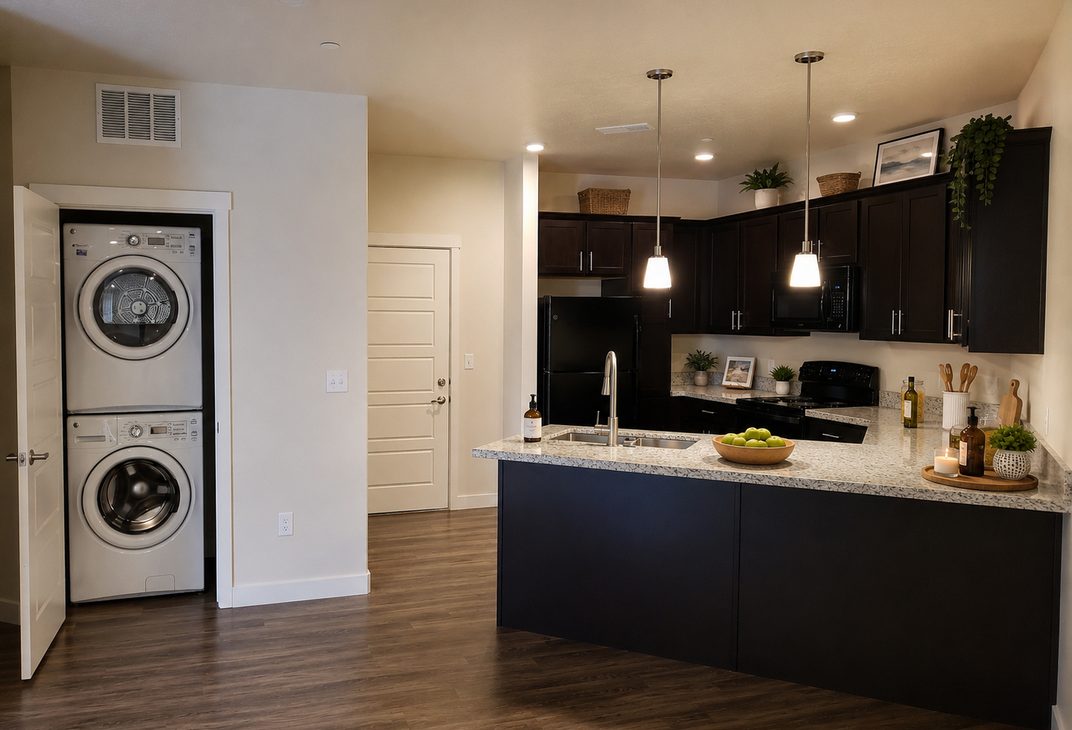 Staged kitchen with stacked washer and dryer